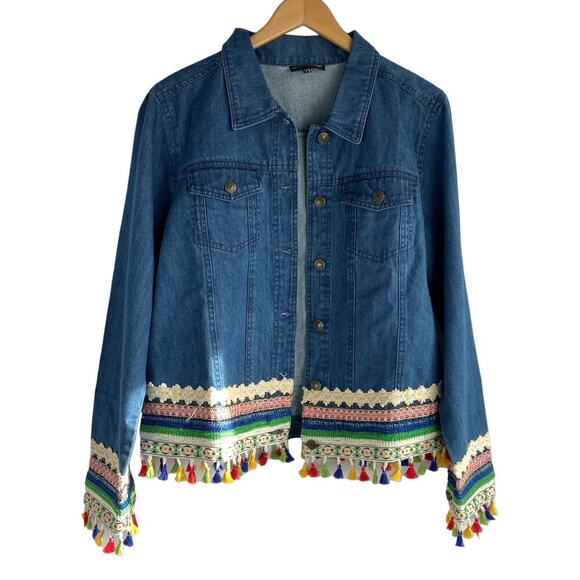 The Pyramid Collection Jackets & Blazers - The Pyramid Collection Boho Western Denim Jacket Women L Rainbow Tassel NEW